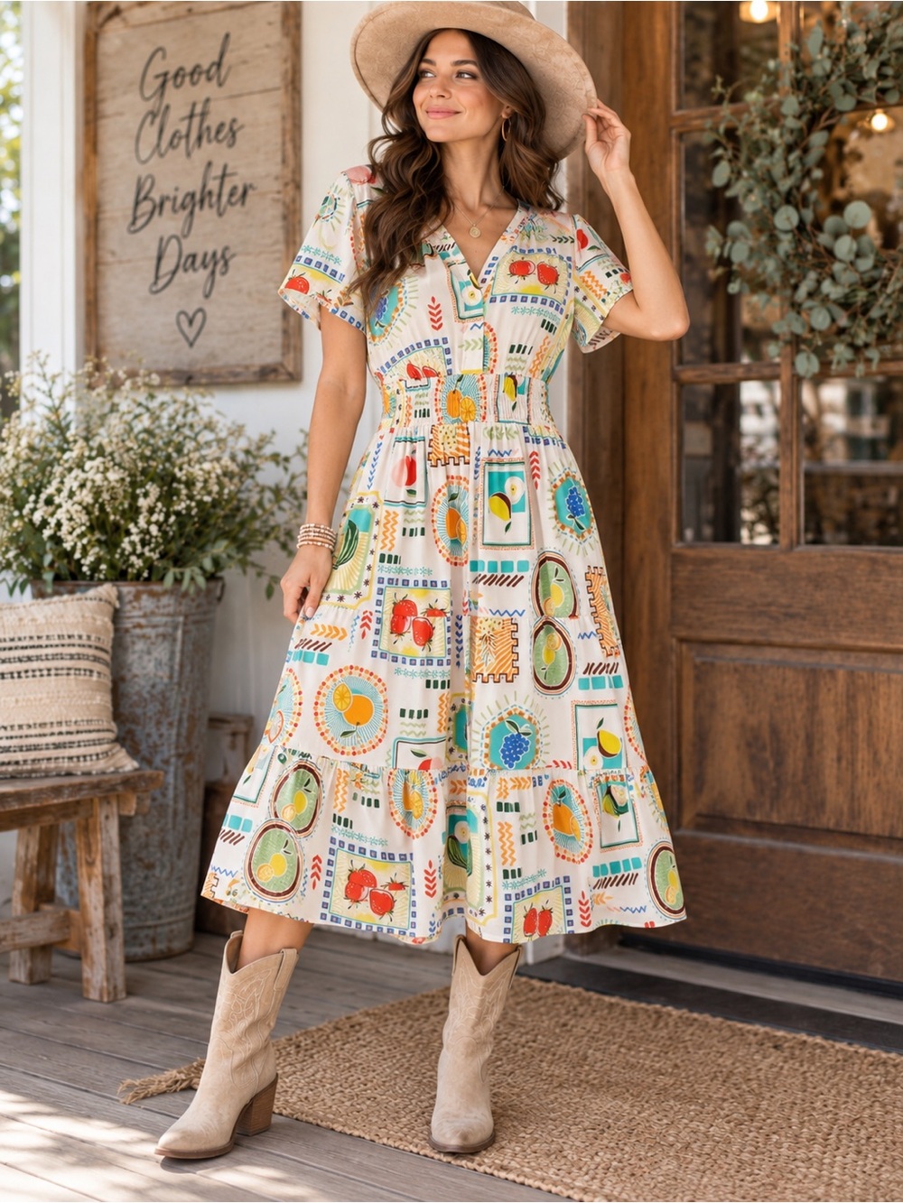 Easel Fruit Print Button Front Midi Dress Size L Boho Cottagecore